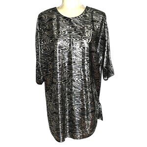 Vintage MCS Ltd Metallic Top Silver Black Print 14 WP Womens Petite Blouse